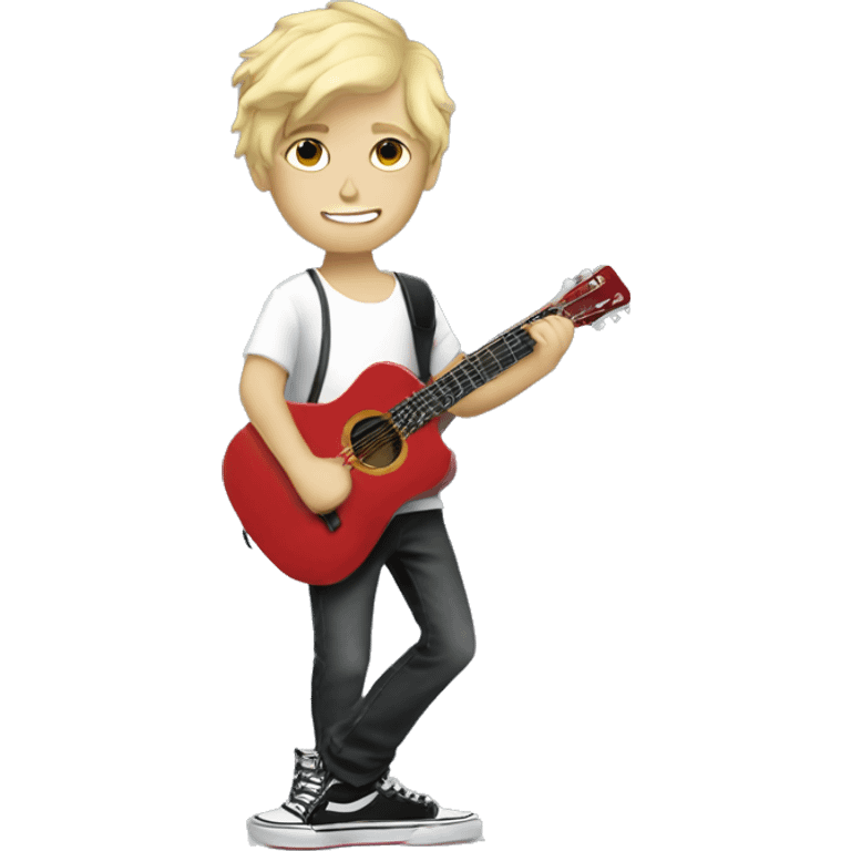 blonde boy with guitar indoors in Vans emoji