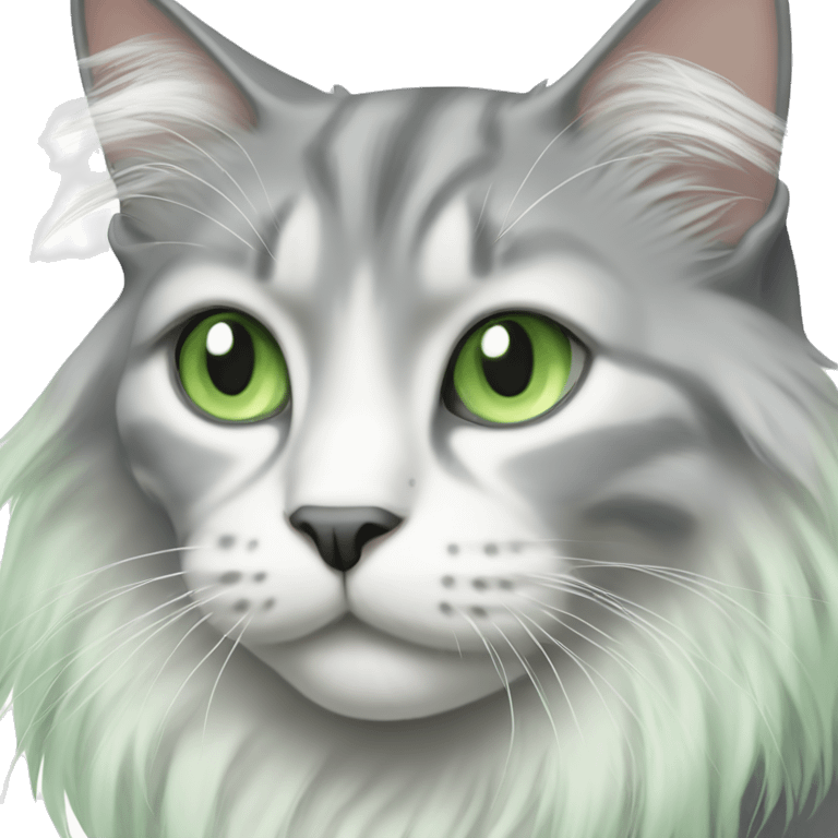 grey and white long haired cat with pale green eyes emoji