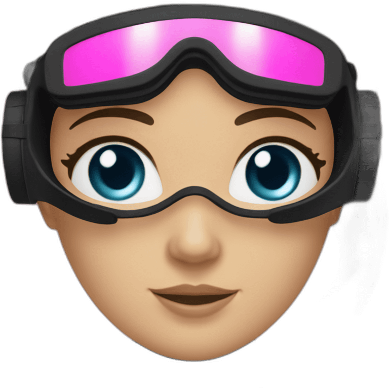 a woman with an a black scubadiver suit. she wear a pink diving mask, she has blue eyes inside the dive mask. brown long and straight hair emoji