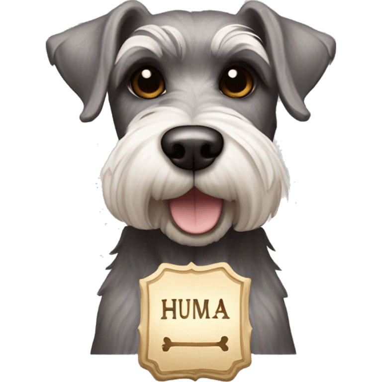 Schnauzer dog with dark brown eyes and a plaque in bone form that says HUMA emoji