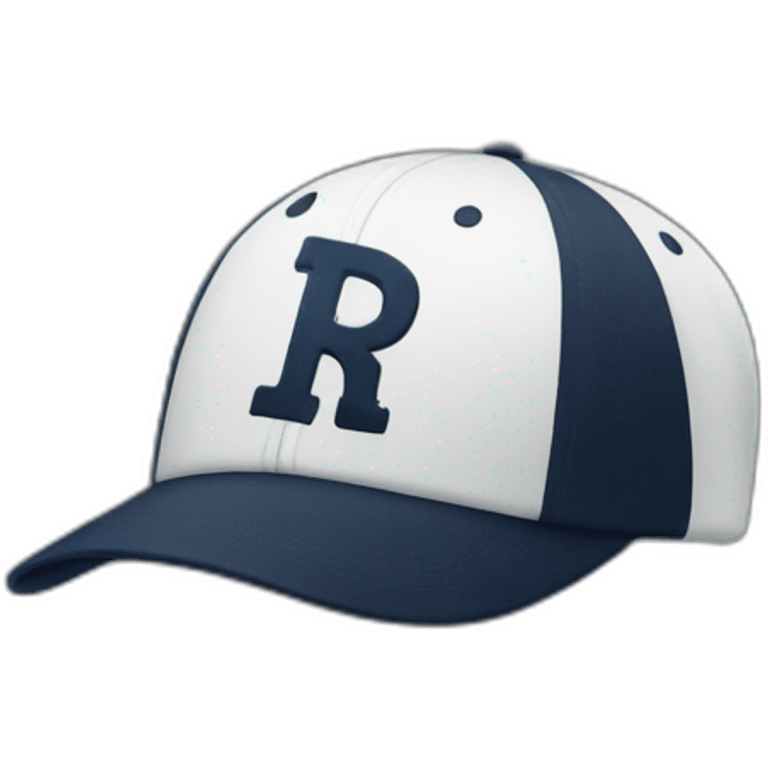 a navy baseball cap with a white letter R on the front emoji