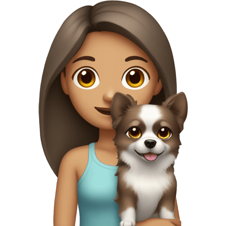 Where Girl with brown hair and brown eyes holding a grey pomeranian dog emoji