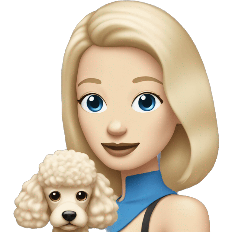  mom with straight blonde hair and blue eyes is holding a cream poodle  emoji