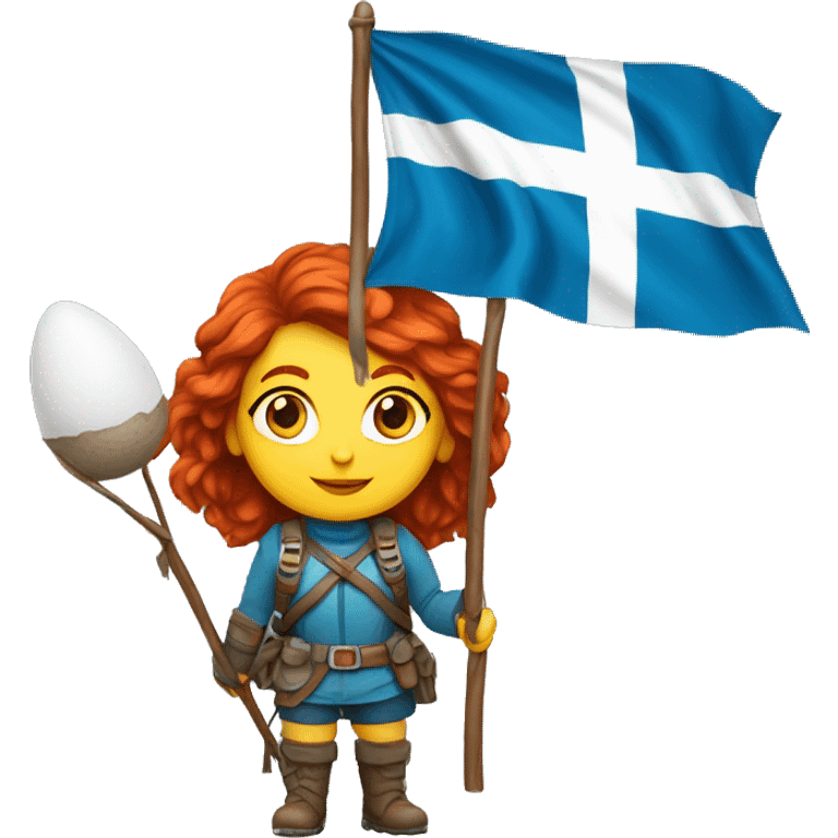 female winter mountaineer red hair holding greek flag and easter egg emoji