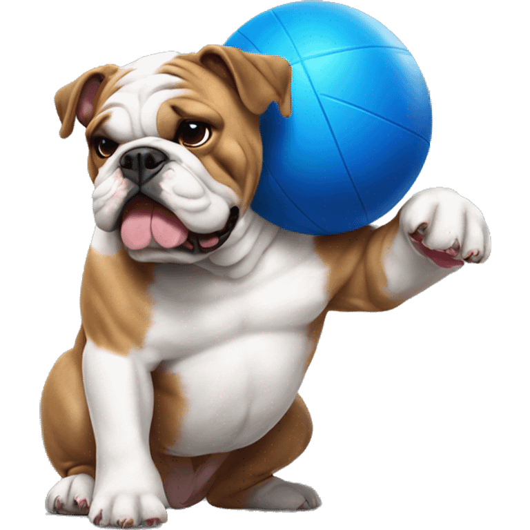 English bulldog playing with big blue ball emoji