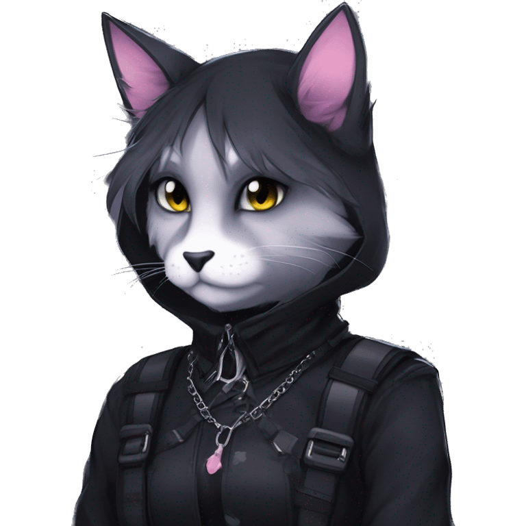 Gorgeous furry gothic dark techwear anime style anthro black cat fursona with blushing face aesthetic and pretty edgy black with collar and harness trending style emoji