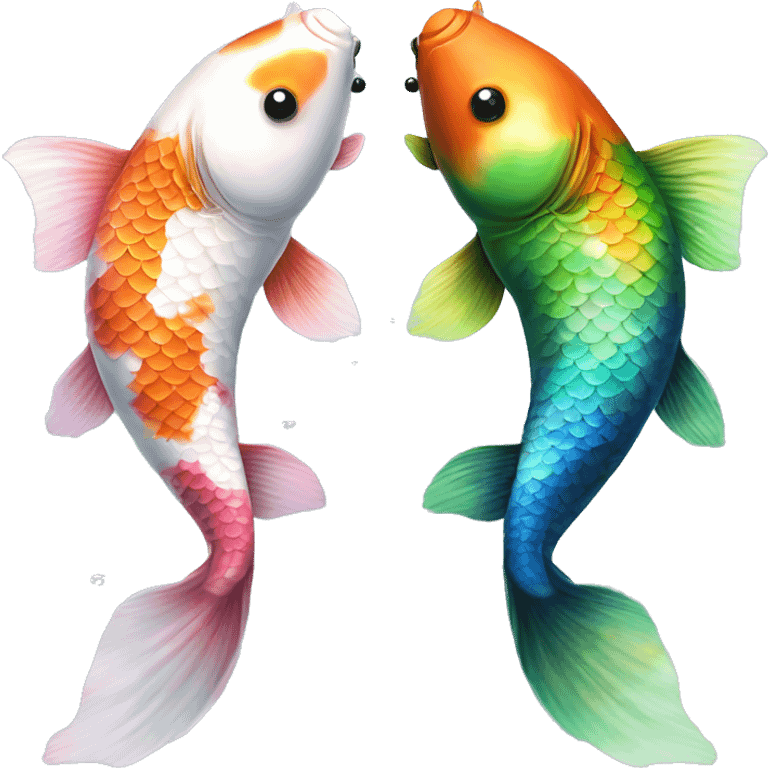  Two realistic koi fish, one green & blue, the other pink & white, swimming in opposite directions, ying yang, Pisces fish, cloudy, water, dreamy, bubbles, iridescent emoji