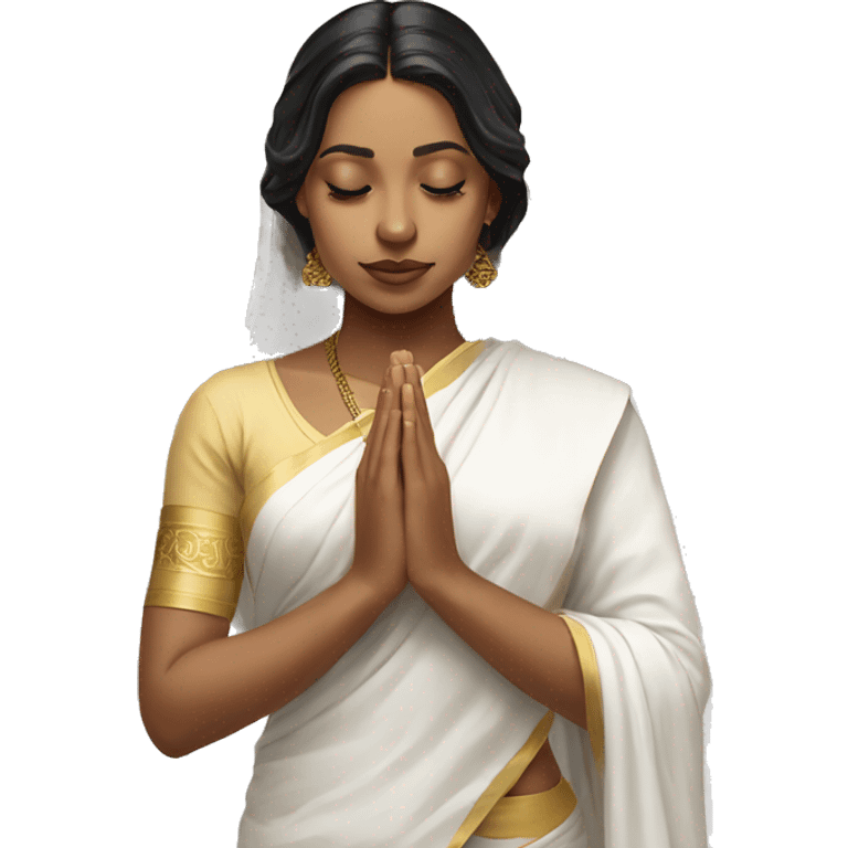 Light skin ;Black long hair wearing white saree praying infront a white temple emoji