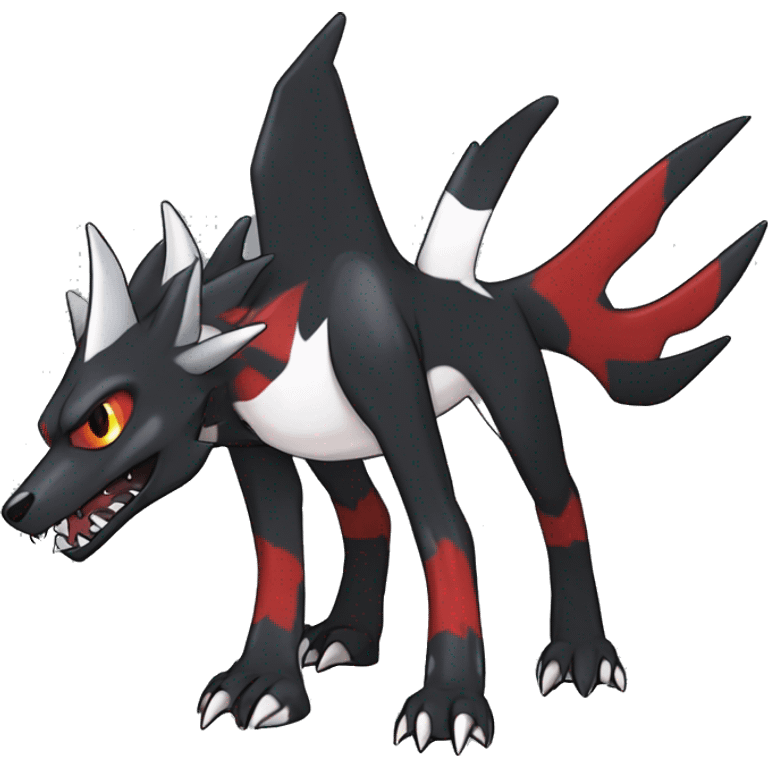 Black Cool Edgy Nargacuga-Houndoom-Garchomp Fakémon Digimon with Red and white Edgy markings, full body, outlined emoji