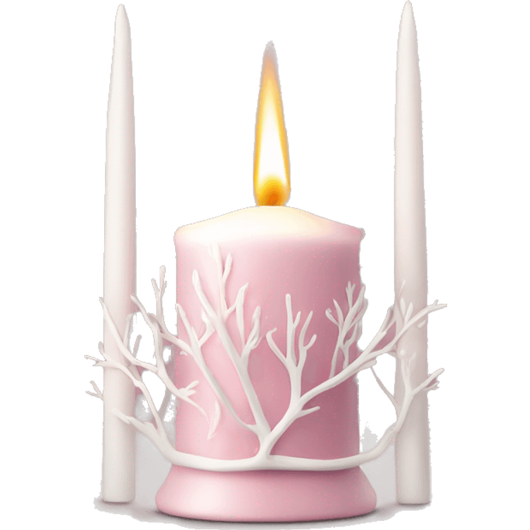 Pink candle holder with white trees and a beautiful white candle emoji