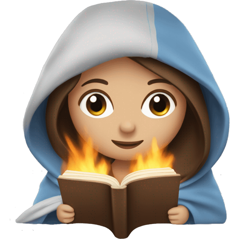 Girl with brown hair and blue eyes in a blanket reading a book by the fire emoji