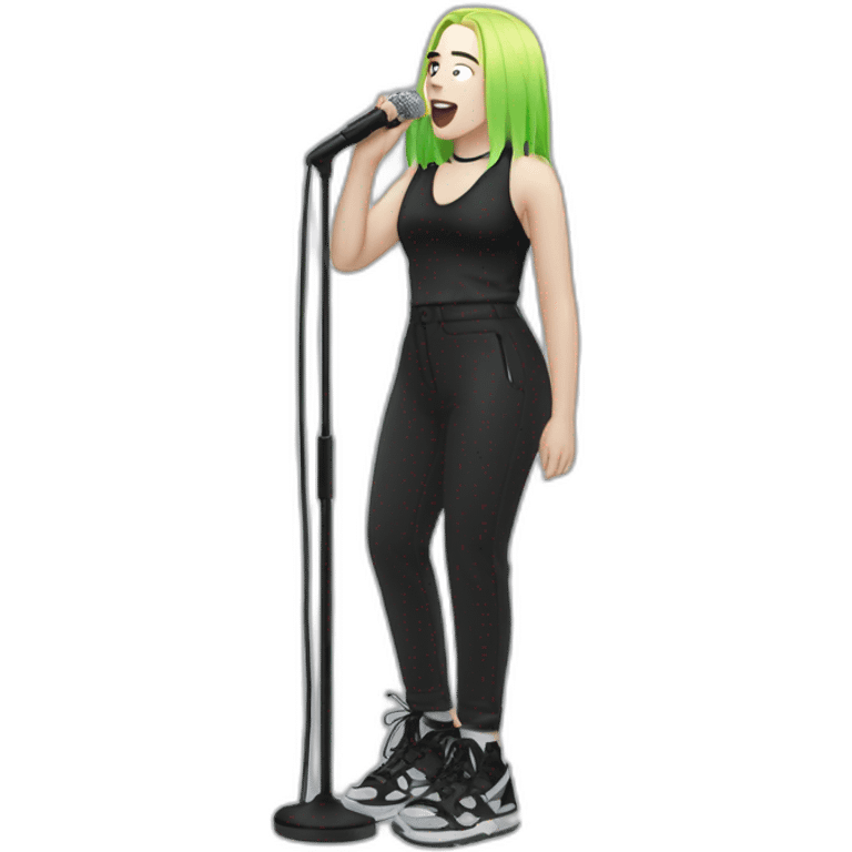 Billie Eilish standing with microphone and singing emoji