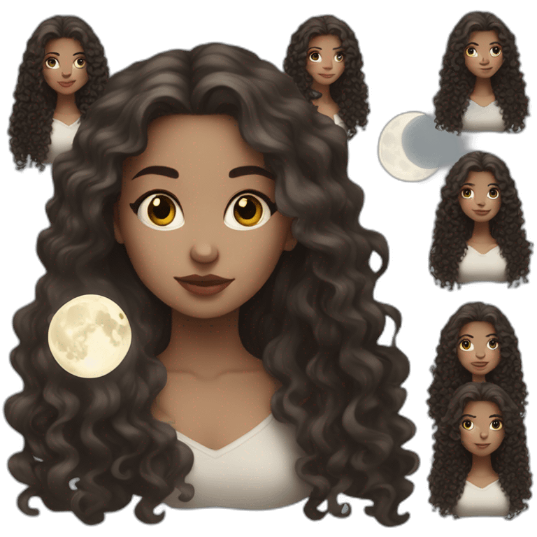 A white girl with long,dark, semi-curly hair holding the moon emoji