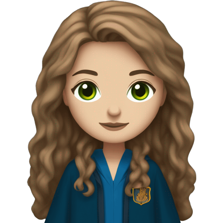 White girl with brown hair and green eyes wearing Ravenclaw robe from Harry Potter emoji