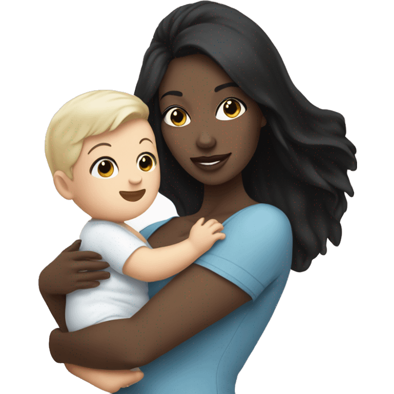 Pretty mom with black hair and white skin holding baby boy black hair with white skin  emoji