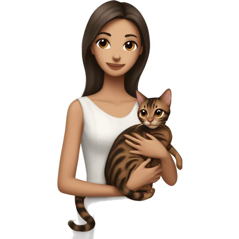 Beautiful skinny woman long dark brown hair in dress hug bengal cat emoji