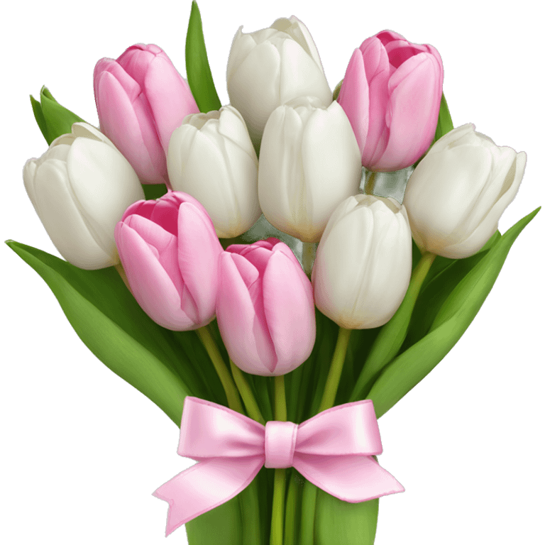 bouquet of white tulips and some pink tulips with a bow around it emoji