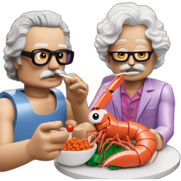 Des Lynam eating prawns with LEGO Lily Savage emoji