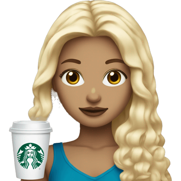 blonde girl blue eyes with Starbucks cup drink emoji