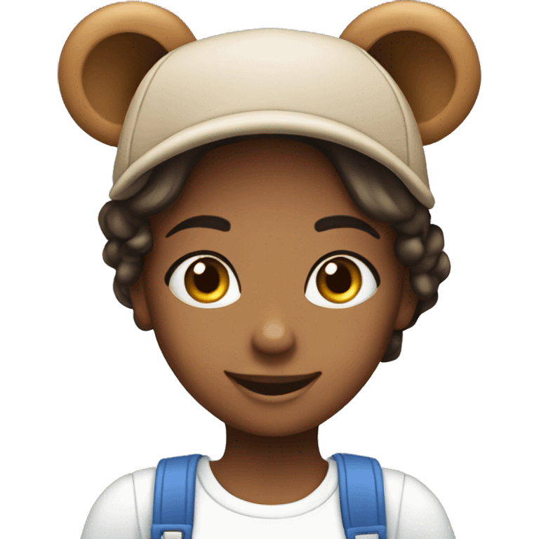 a smiling girl with blue eyes taking a photo on an iPhone, wearing a hat with teddy bear ears emoji