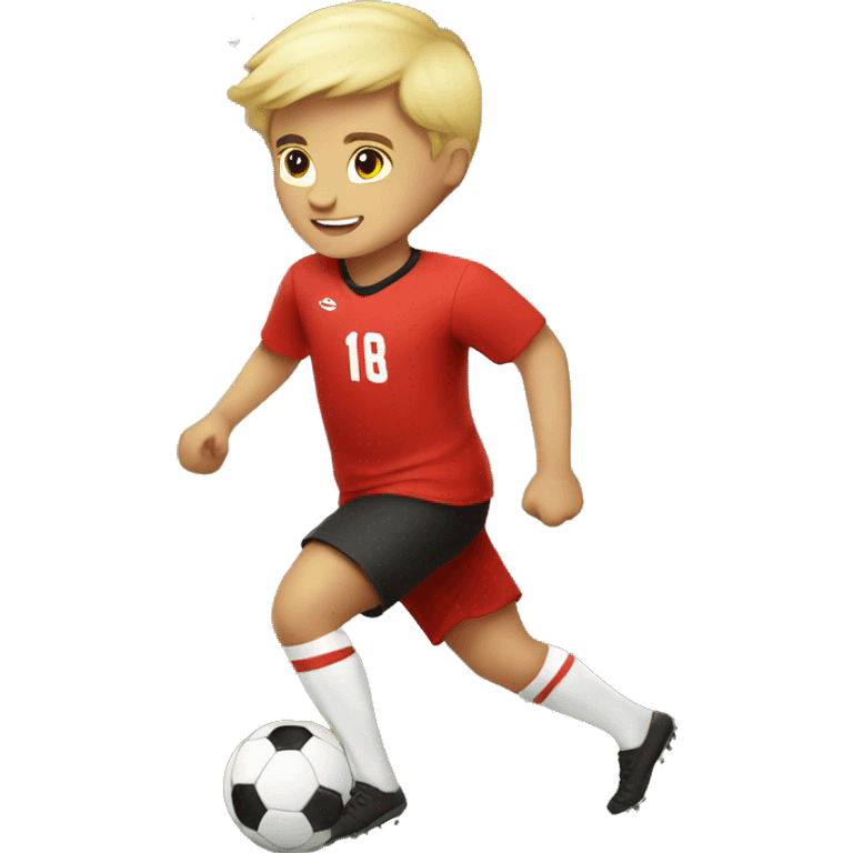 Boy is blonde Playing soccer and wearing a red yersey emoji