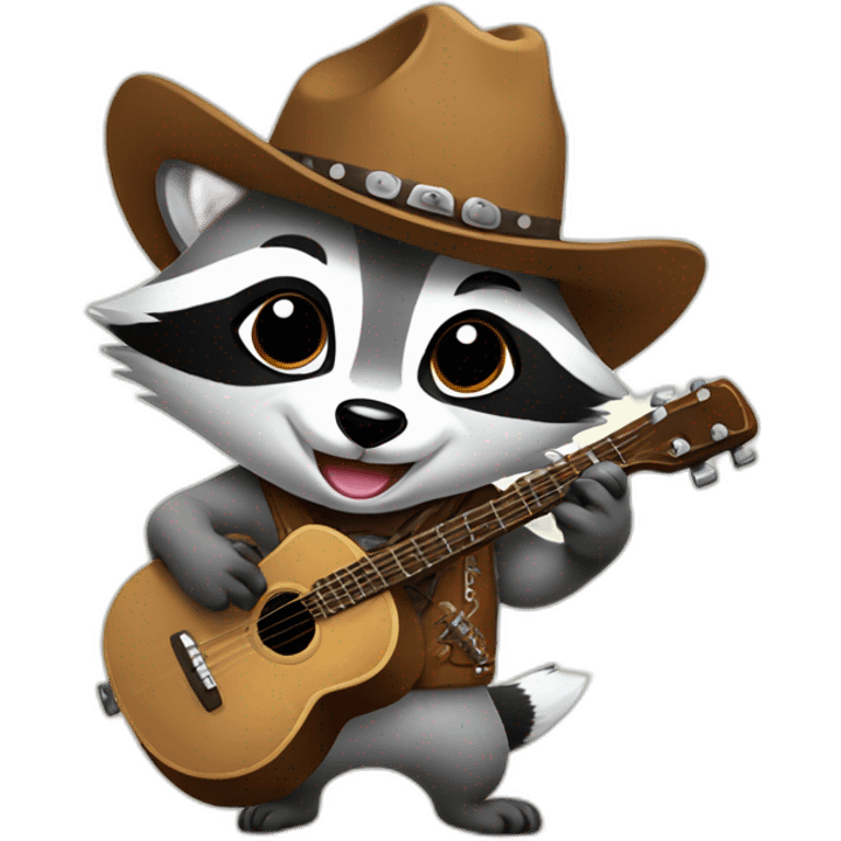 Raccoon with cowboy hat holding back tears and smiling and playing banjo emoji