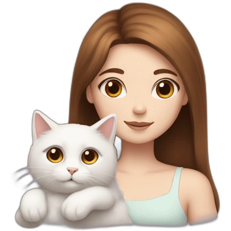 A girl with brown straight hair and a white fluffy cat lying in her arms with eyes of different colors emoji