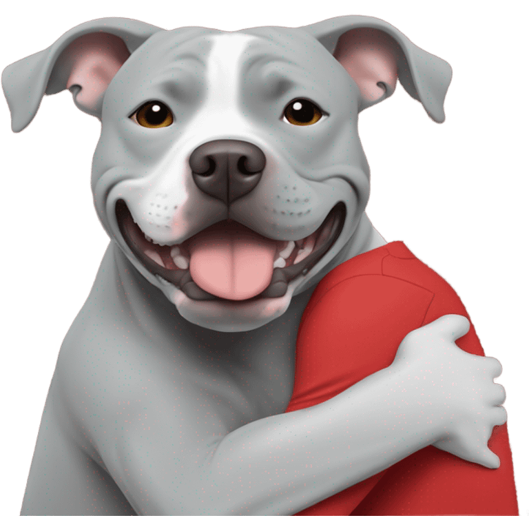 Grey male large pit bull smiling hugging bald white mature man with red tshirt emoji