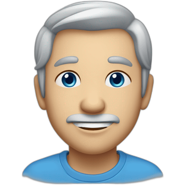 Grey hair, thinning on top, blue eyes, dimple on right cheek, gap between upper two front teeth emoji