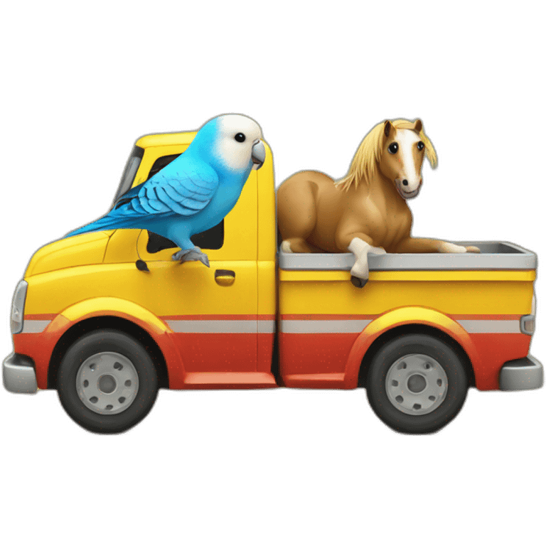 a budgie and a horse in a truck emoji