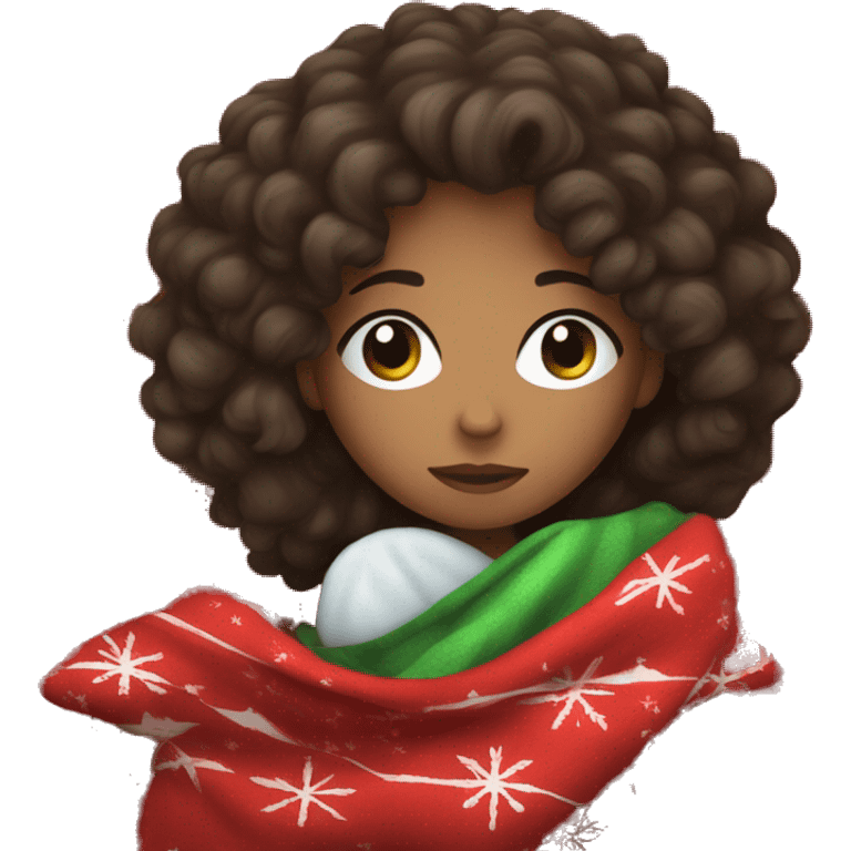 Girl with dark brown curly hair sleeping with Christmas blanket emoji