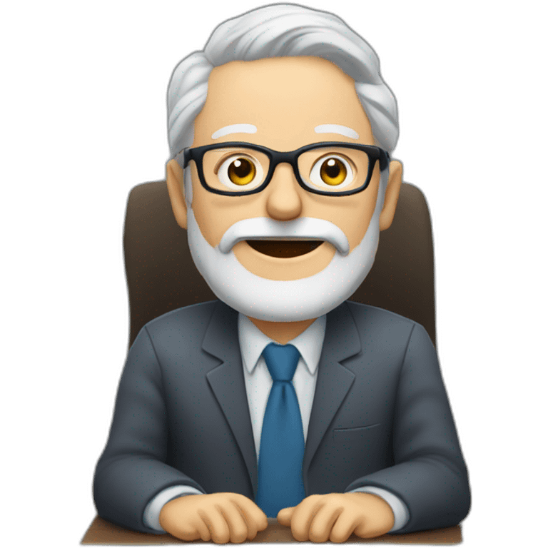 old man with grey hair and beard and glasses sitting at a desktop with 3 monitors emoji