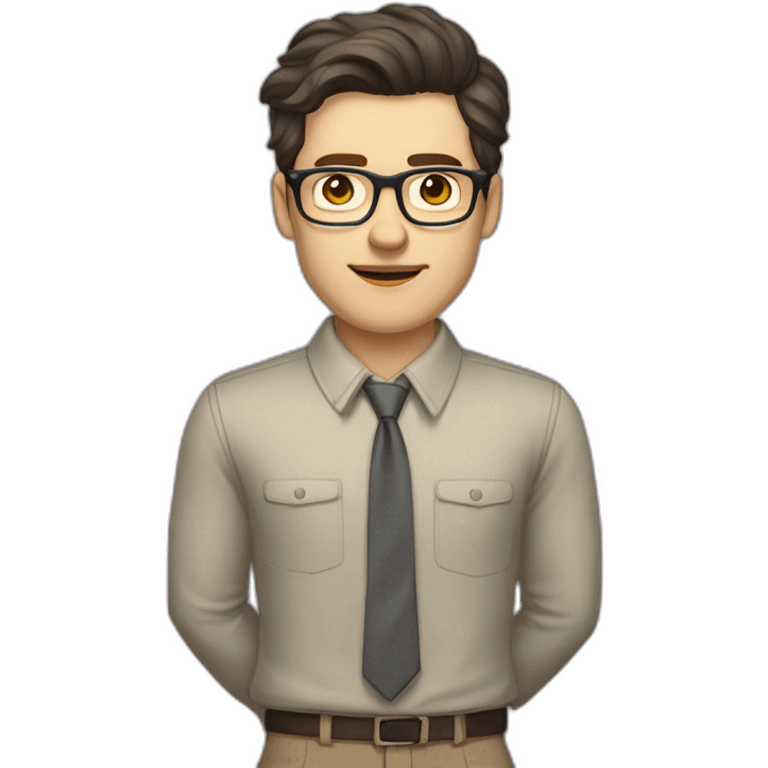 Full height Pale skinned Fit Man With dark brown hair in gray jacket, beige office shirt, tie, Brown pants and vintage glasses. Thrumbs of his palms directed up emoji