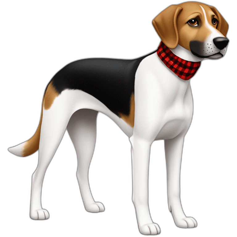 75% Coonhound 25% German Shepherd mix dog wearing small pointed red buffalo plaid bandana side view full body facing left emoji