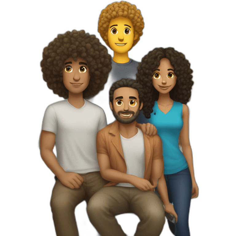 couple with one white man with long curly hair and one mixed race woman with afro cut and one alley cat seat emoji