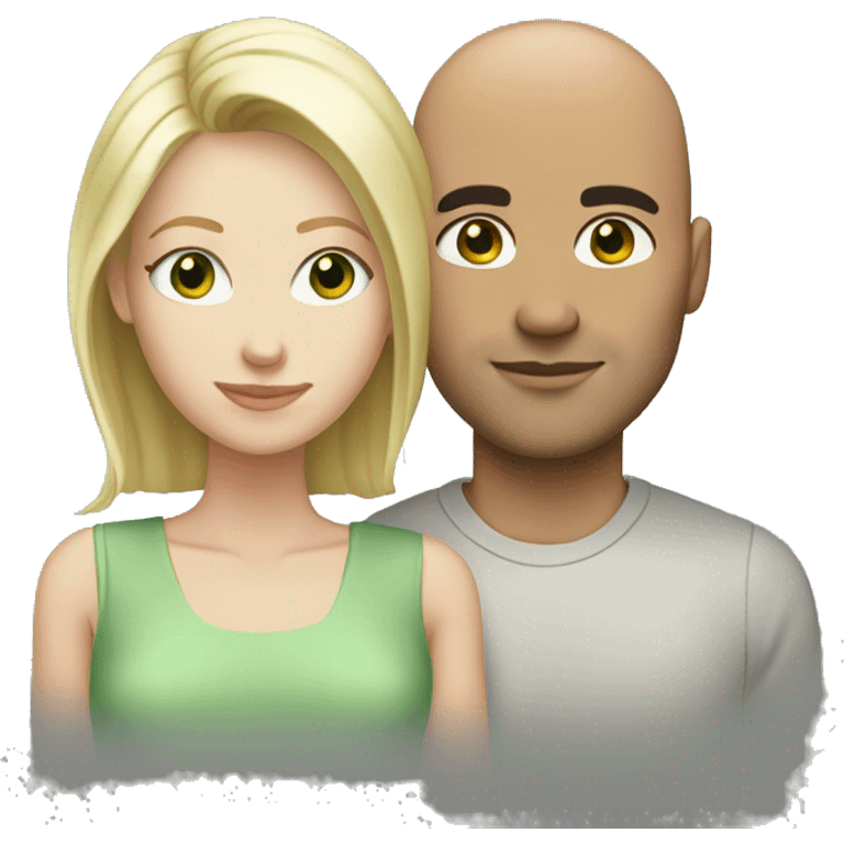 Loving white couple. Male = bald, 35, white, light green eyes. Female = blonde highlights, light green eyes emoji