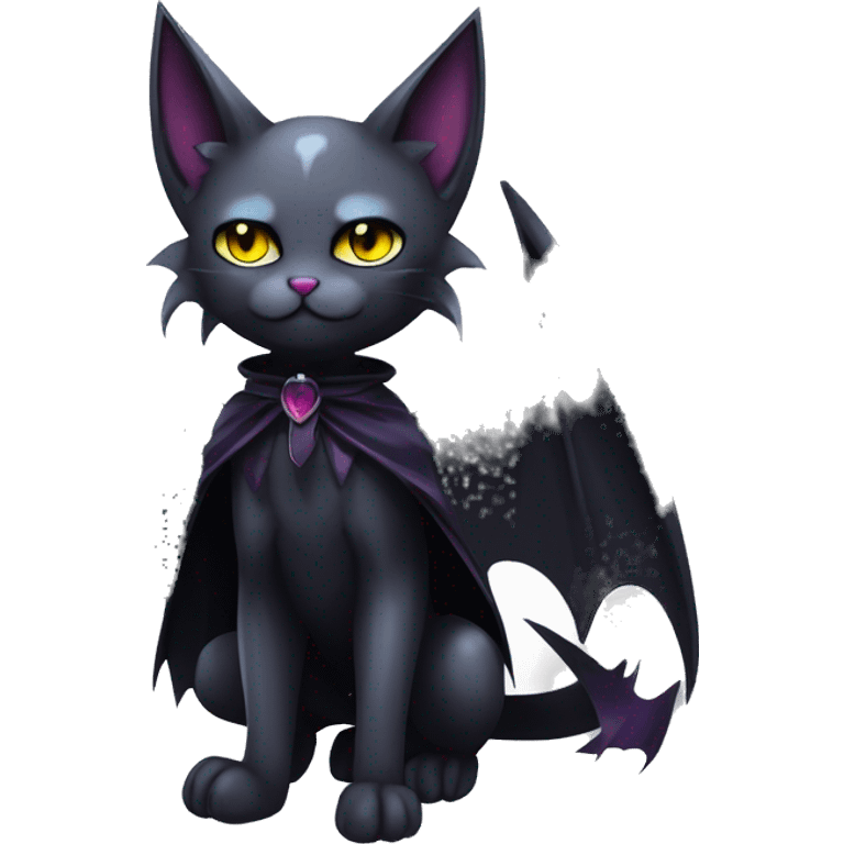   cool edgy beautiful anime-style ethereal dark-punk-themed animal vampiric cat-hybrid Fakemon with fangs and bat-wing-ears with a cape full body emoji