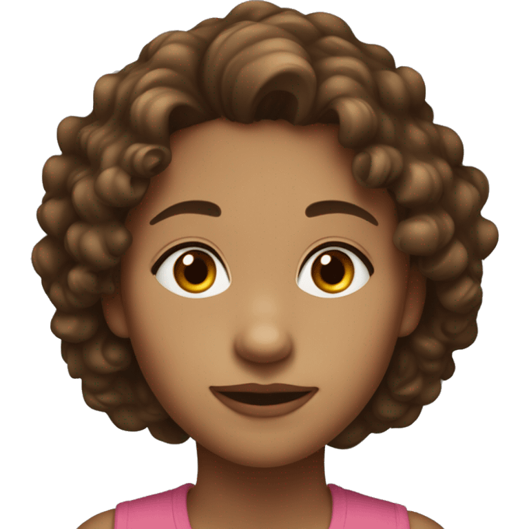 a girl with brown and slightly curly hair, fair skin, brown eyes, a neat nose and full lips. emoji