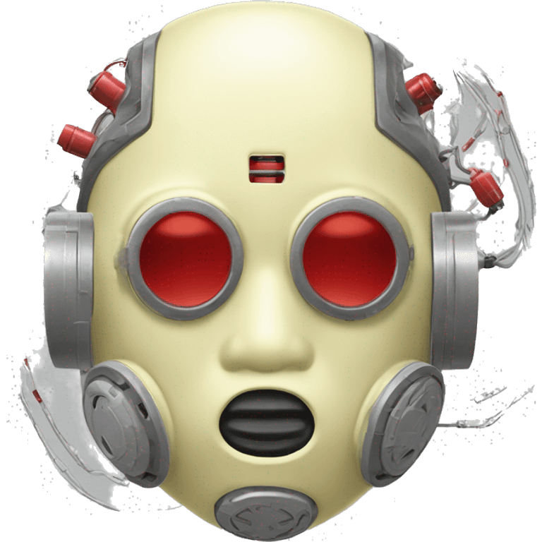 Pastel light yellow round male cyborg head with red respirator mask and circuits emoji