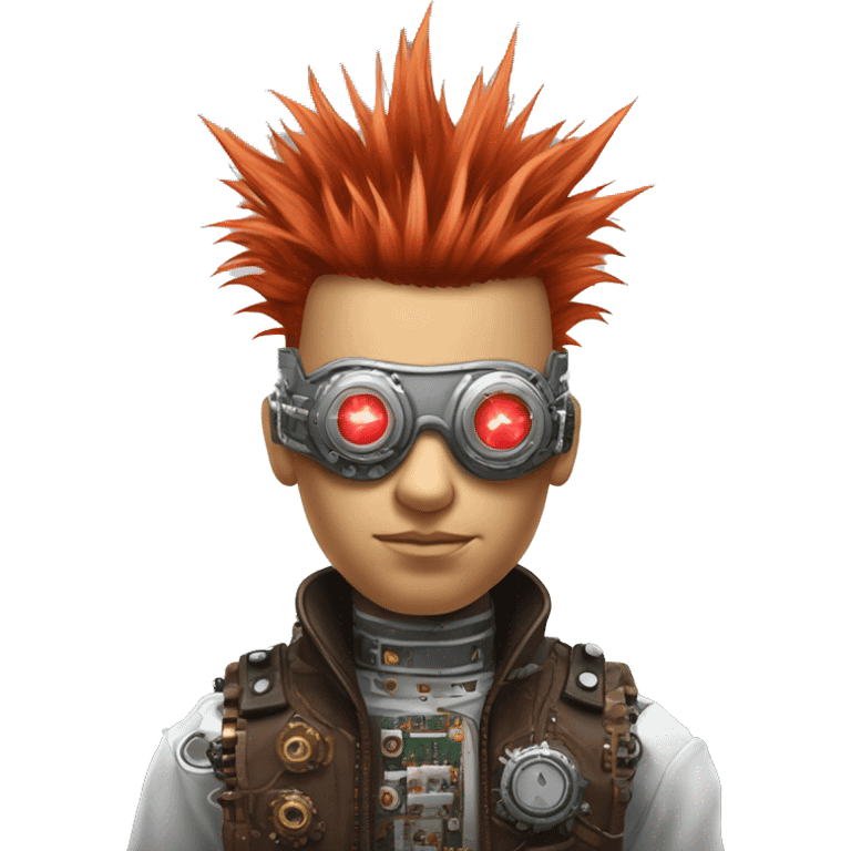 Light red Mohawk hair male cyborg head with white steampunk goggles and circuits emoji