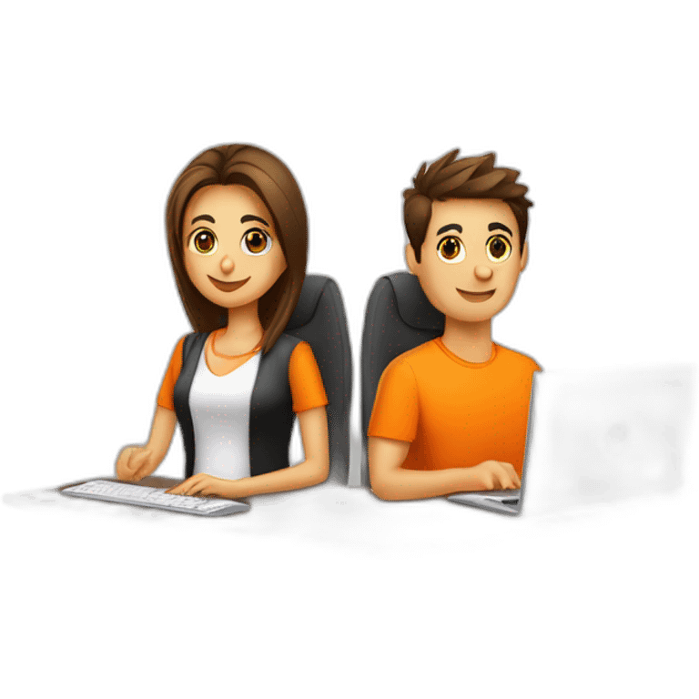 Chico y chica trabajan en oficina con computadoras con remera color naranja emoji