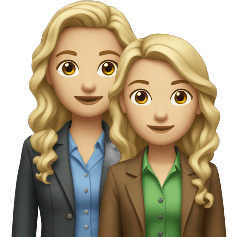 Two girls sitting: one with brown eyes, straight brown hair, fair skin, wearing a dress and boots, and the other with shoulder-length, curly blonde hair, blue eyes, a green blazer, and a white t-shirt. emoji