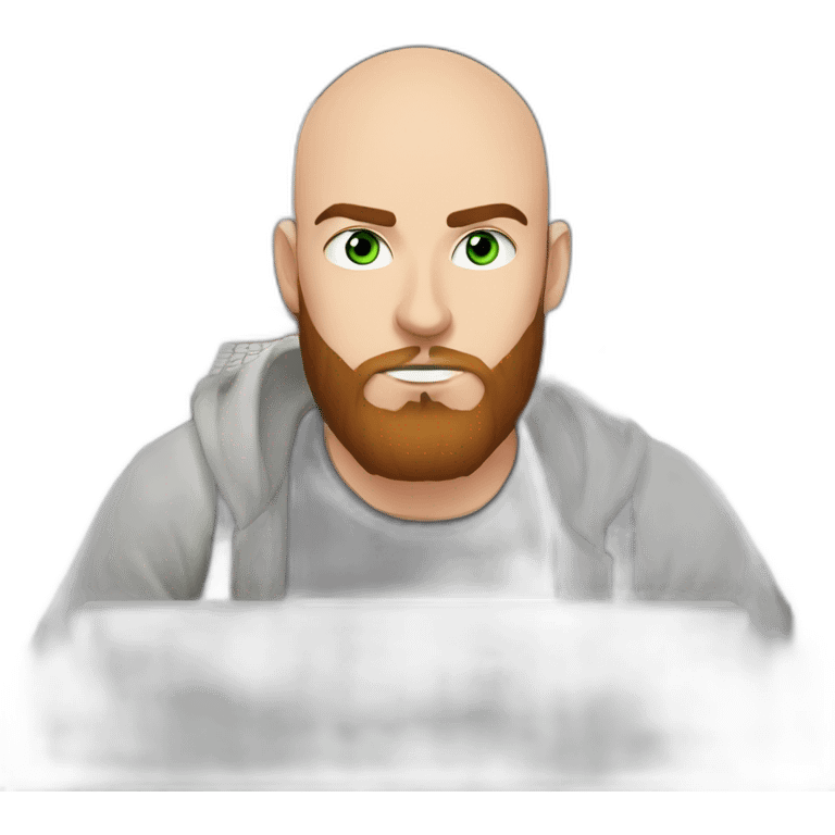 realistic cartoon, pirate look, 21 years old almost bald man with 1-day chestnut beard in front of a computer making video editing, green eyes, in the dark, looking serious emoji