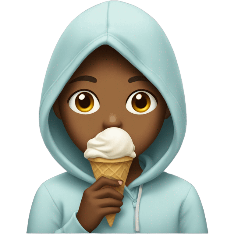 A girl that is crying in a hoodie while eating ice cream emoji