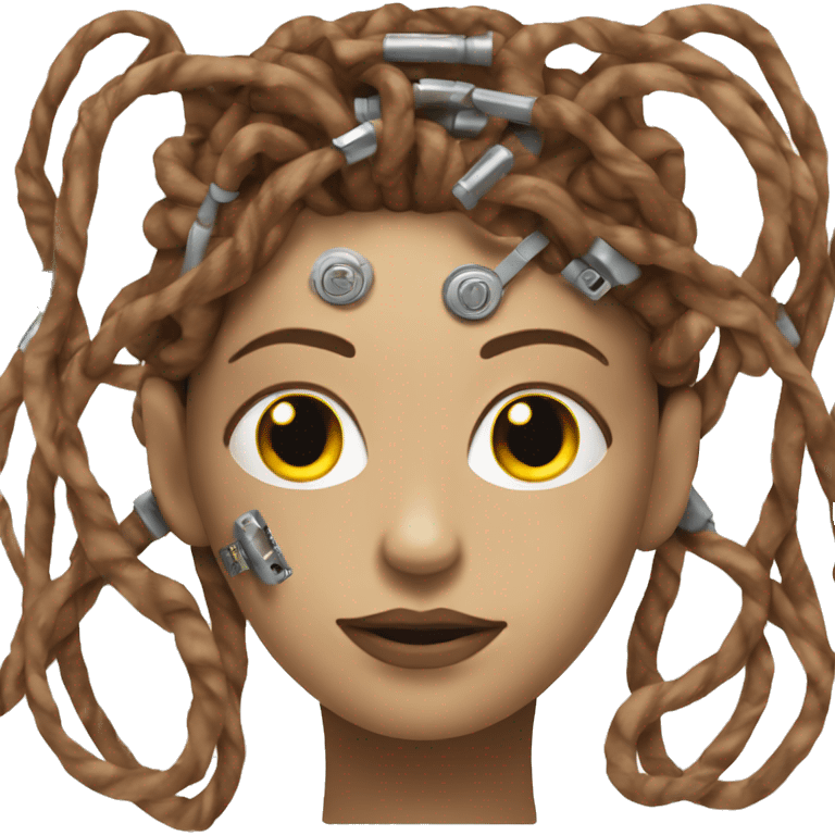 metal female cyborg face with long brown curly hair and circuitry emoji