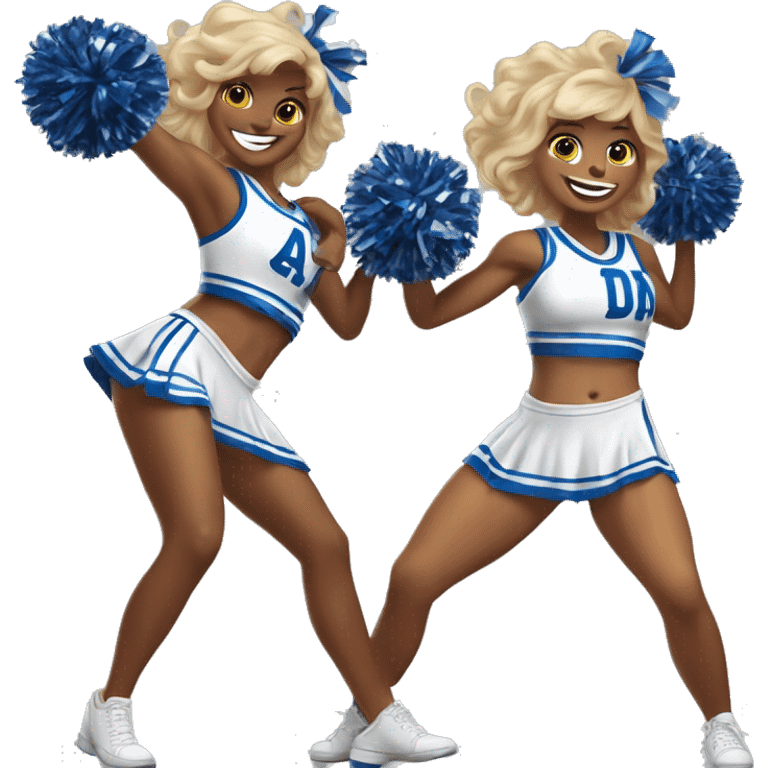 2 DCC dallas cowbow cheerleaders holding pom poms, while their arms are at their hips and one leg extended out emoji