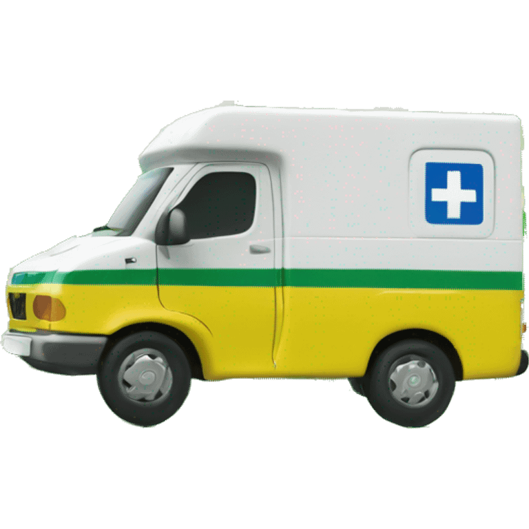 British NHS ambulance, yellow in colour, with green checkerboard print along the bottom. NHS logo on the side.  emoji