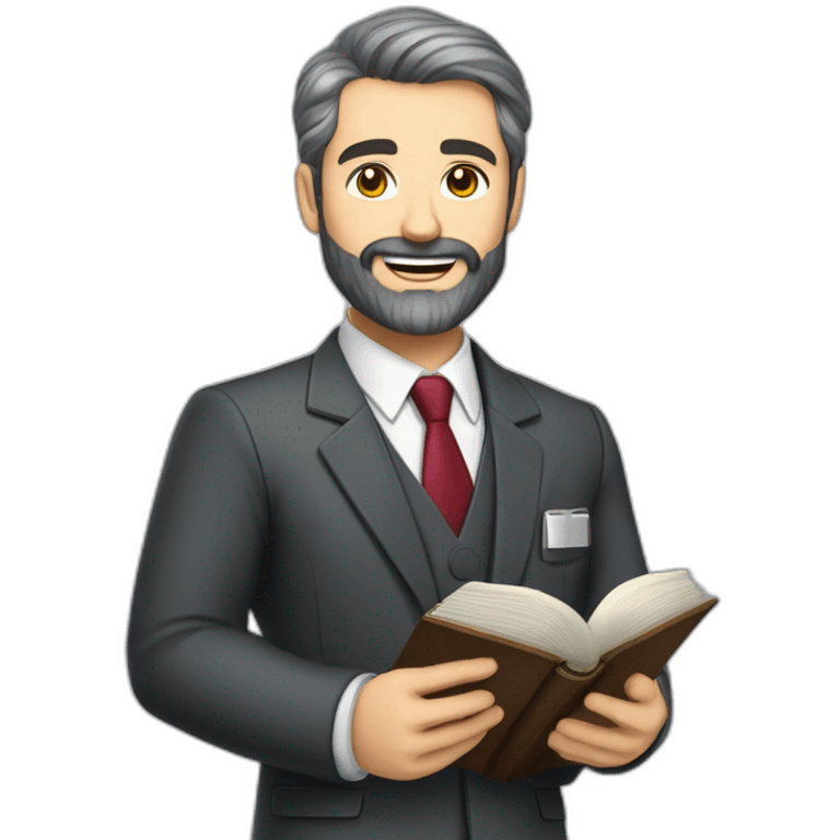 husband classy caucasian dark gray hair trimmed beard wearing business suit holding bible, wife asian age 55 dark hair nurse uniform, no children emoji