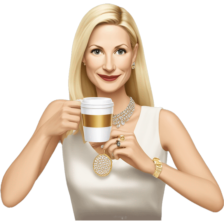 Kelly Rutherford with jewellery wearing white drinking cappucino emoji