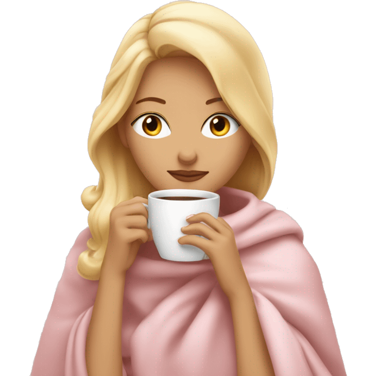 Blonde girl inside a light pink blancket sipping coffee eyes closed emoji